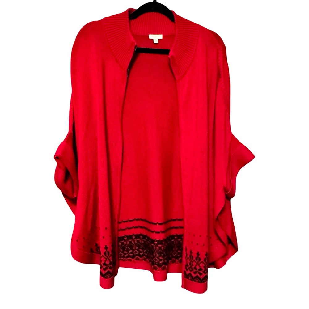 Talbots Zip Front Mock Neck Drop Shoulder Dolmain Sleeve Red Cotton Poncho L/XL - Picture 2 of 11